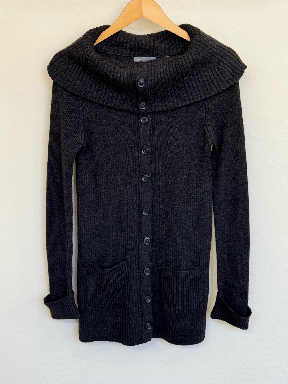 Vince Charcoal Gray Ribbed Cowl Neck Wool Alpaca Cardigan Sweater Size L